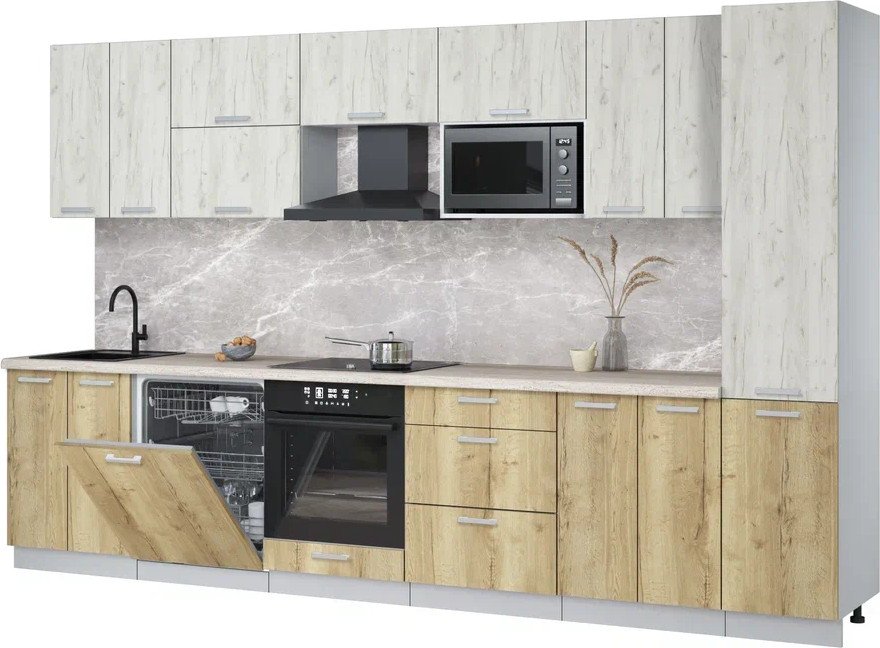 

Готовая кухня Интерлиния Мила Лайт 3.4-ПМ2 (дуб белый/дуб золотой/травертин серый)