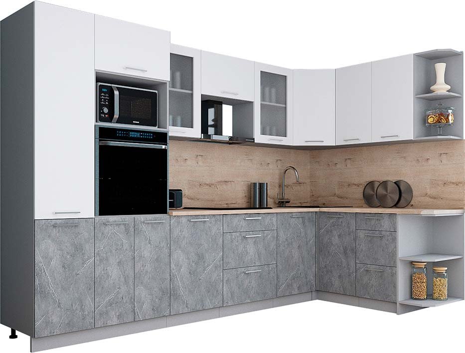 

Готовая кухня Интерлиния Мила Gloss 1.68x3.2 правая (белый софт/керамика/травертин серый)
