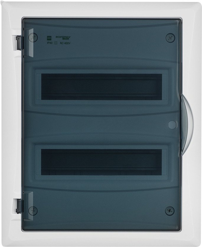 

Бокс пластиковый Elektro-Plast Eco Box 2x12M, N/PE 3x 2x16+7x10mm2, дымчатая пласт. дверь, белый RAL9003, 430x350x95mm, IP40