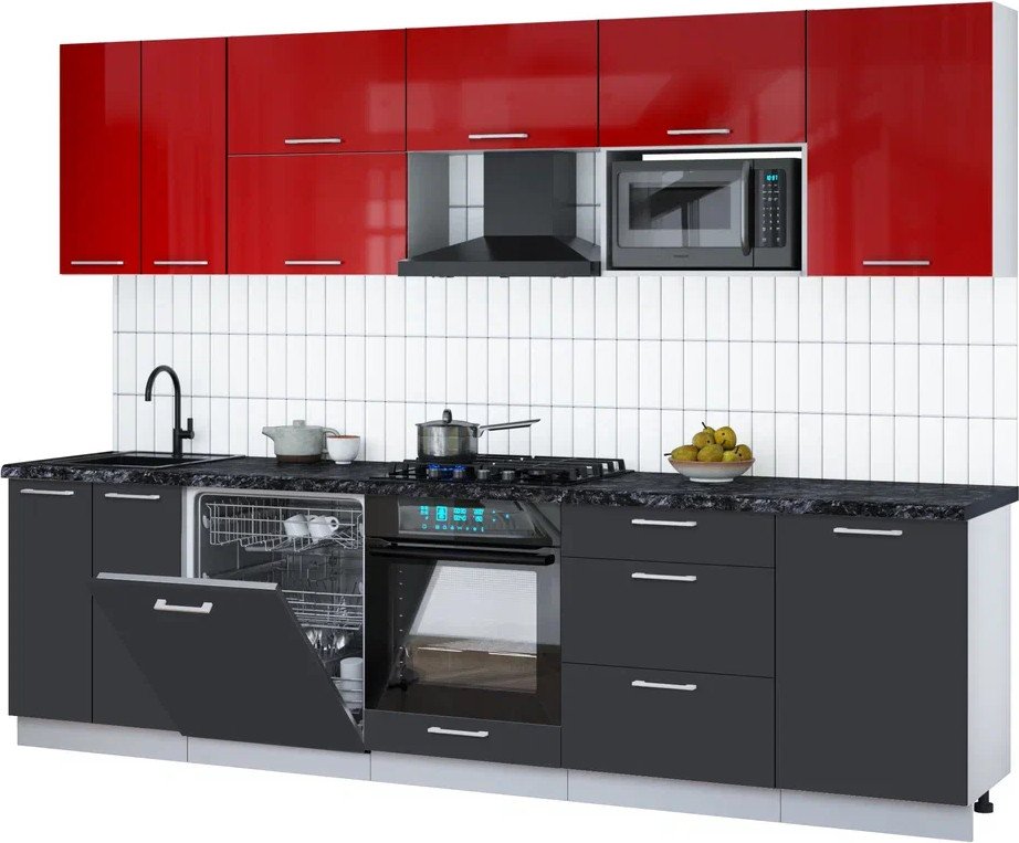 

Готовая кухня Интерлиния Мила Gloss 2.9-ПМ2 (пепел/красный глянец/кастилло темный)