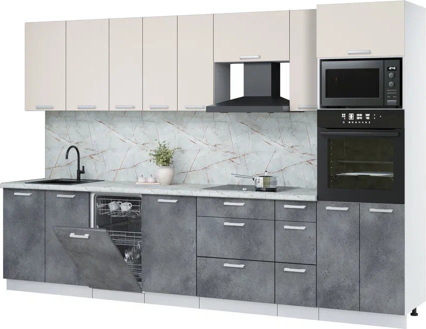 

Готовая кухня Интерлиния Мила Лайт 3.2-ПМ3 (персидский жемчуг/бетон портленд/серый каспий)