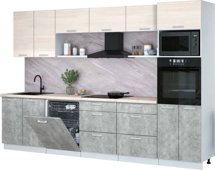 

Готовая кухня Интерлиния Мила Лайт 3.2-ПМ1 (вудлайн кремовый/бетон/бискайская сосна)