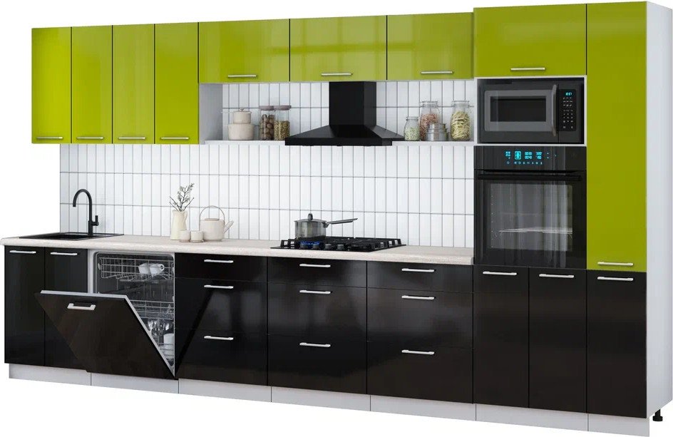 

Готовая кухня Интерлиния Мила Gloss 3.9-ПМ1 (черный глянец/яблоко глянец/травертин серый)