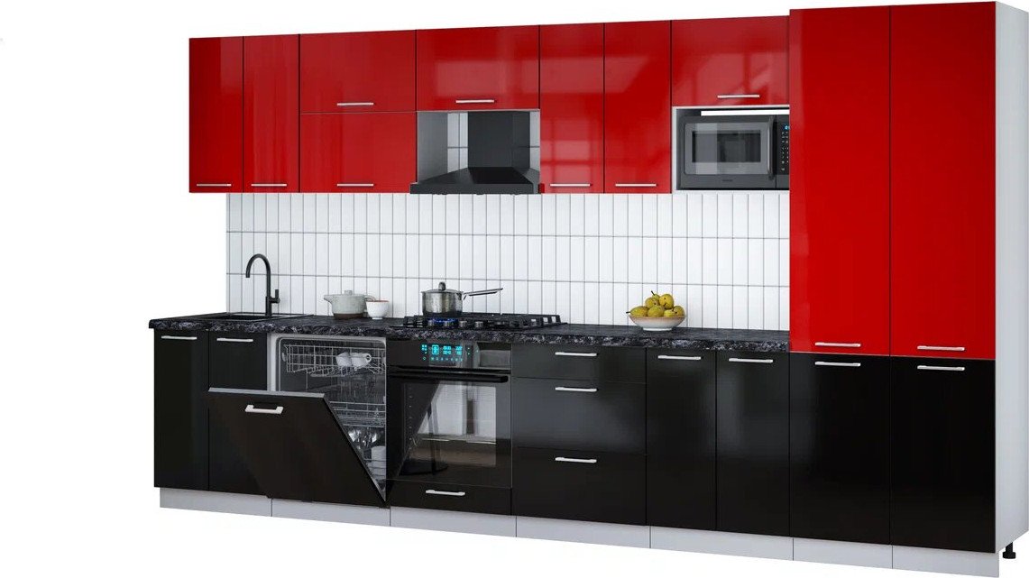 

Готовая кухня Интерлиния Мила Gloss 3.8-ПМ2 (черный глянец/красный глянец/кастилло темный)