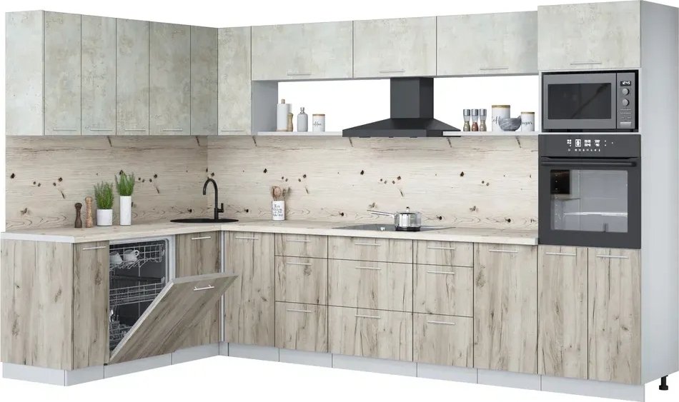 

Готовая кухня Интерлиния Мила Лайт 1.896х3.38-2 (бетон лайт/дуб серый/бискайская сосна)