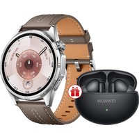Умные часы Huawei Watch GT 6 46 мм (серебристый, с коричневым кожаным ремешком, международная версия) + наушники Huawei FreeBuds 6i по акции