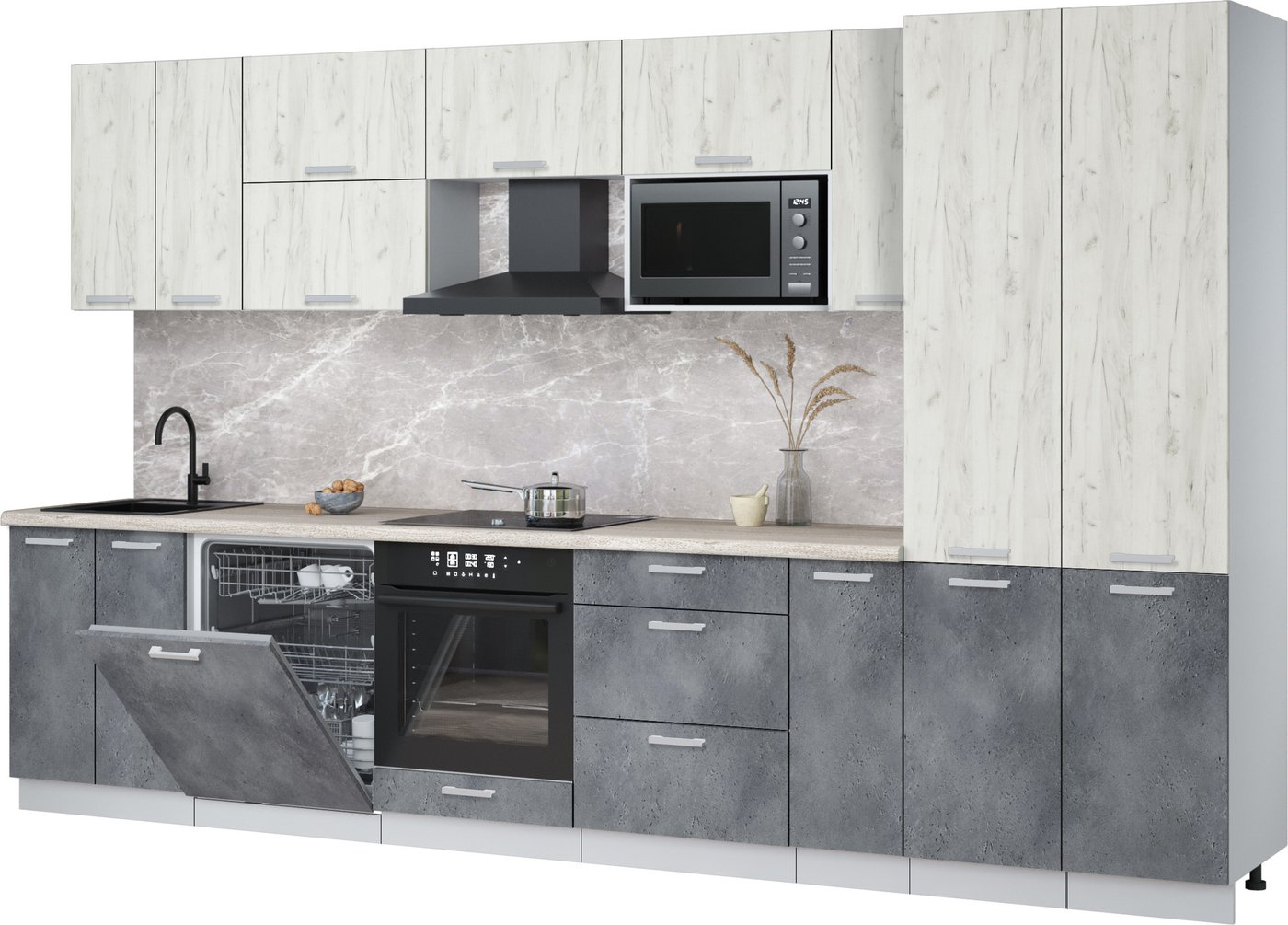 

Готовая кухня Интерлиния Мила Лайт 3.5-ПМ2 (дуб белый/бетон портленд/травертин серый)