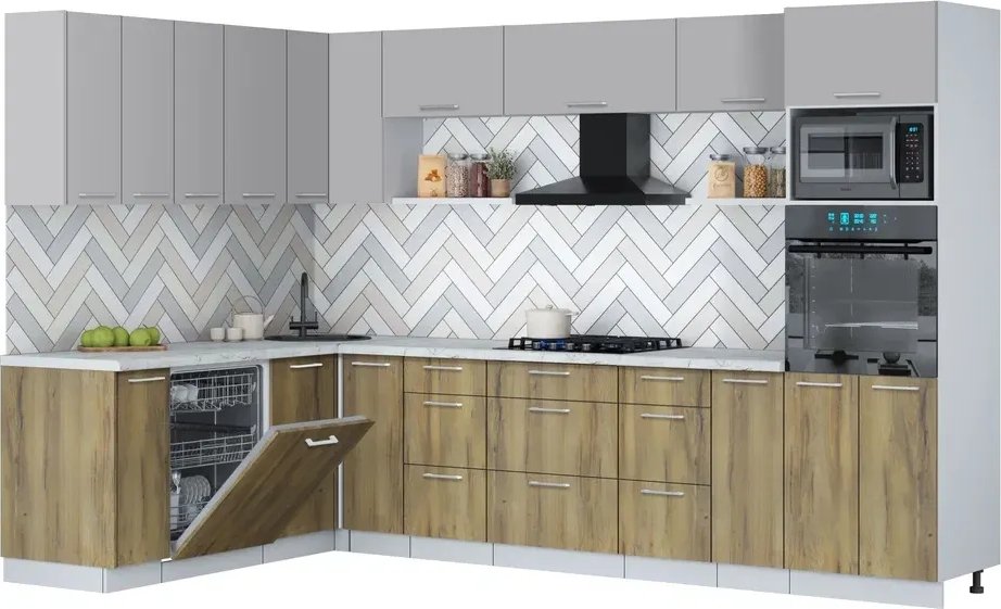 

Готовая кухня Интерлиния Мила Gloss 1.896х3.18 (дуб вотан/грей/серый каспий)