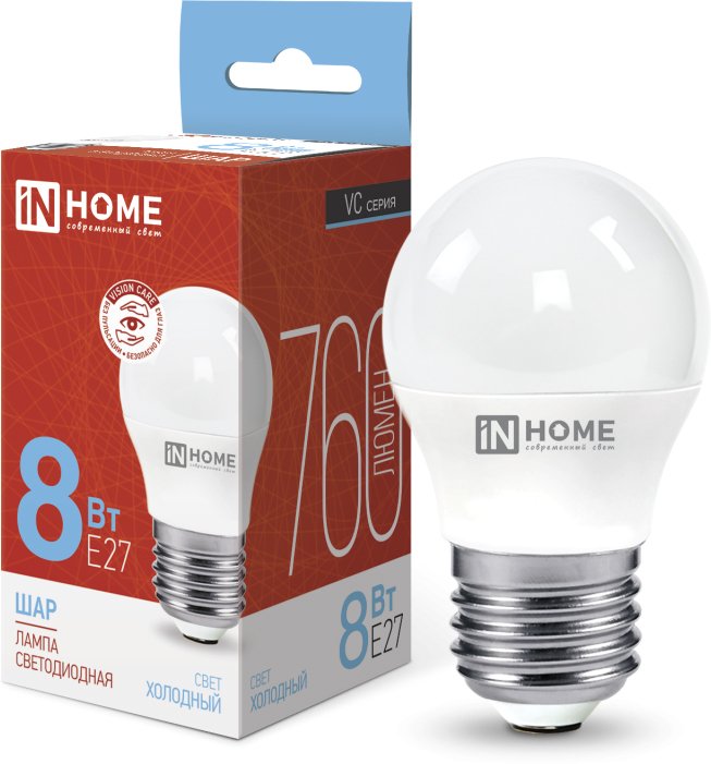 

Светодиодная лампочка In Home LED-Шар-VC 8Вт 230В Е27 6500К 760Лм 4690612024905