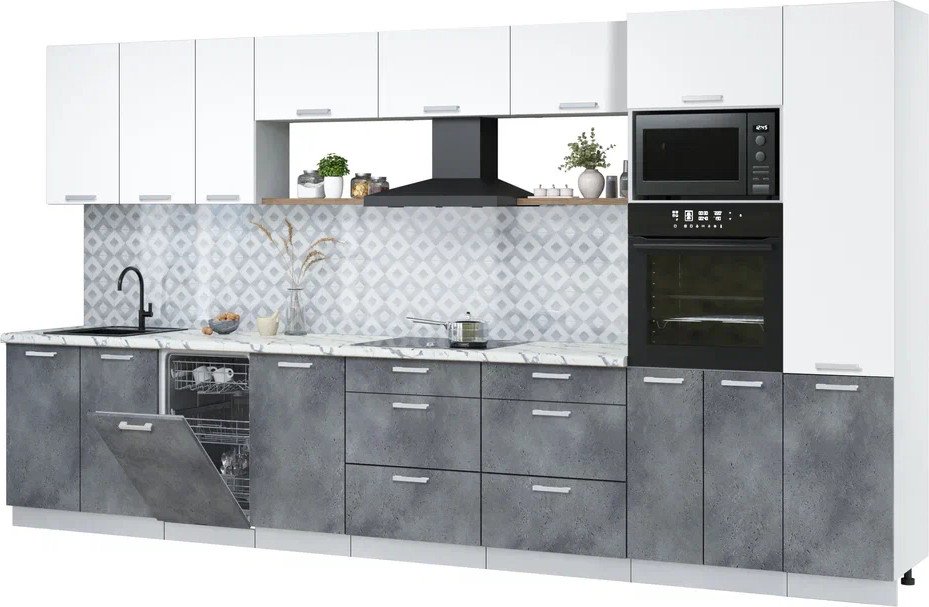 

Готовая кухня Интерлиния Мила Лайт 3.9-ПМ3 (белый платинум/бетон портленд/белый гранит)