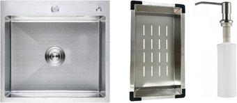 Кухонная мойка Schtoff Best Premium Silver 5550 + коландер K-1 BLACK + дозатор SD-1 SILVER