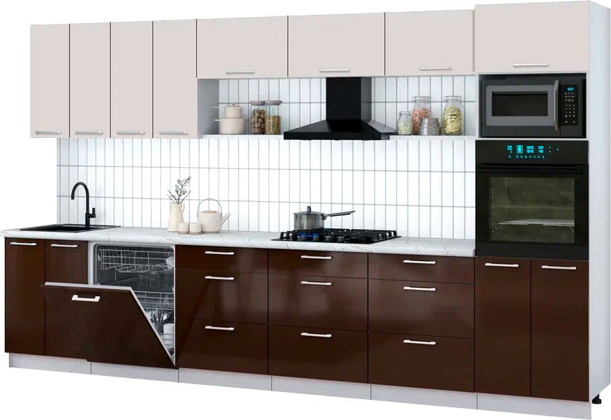 

Готовая кухня Интерлиния Мила Gloss 3.6-ПМ1-2 (шоколад глянец/кашемир/серый каспий)