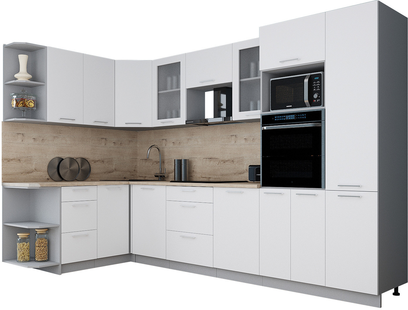 

Готовая кухня Интерлиния Мила Gloss 1.68x3.2 левая (белый софт/белый софт/травертин серый)