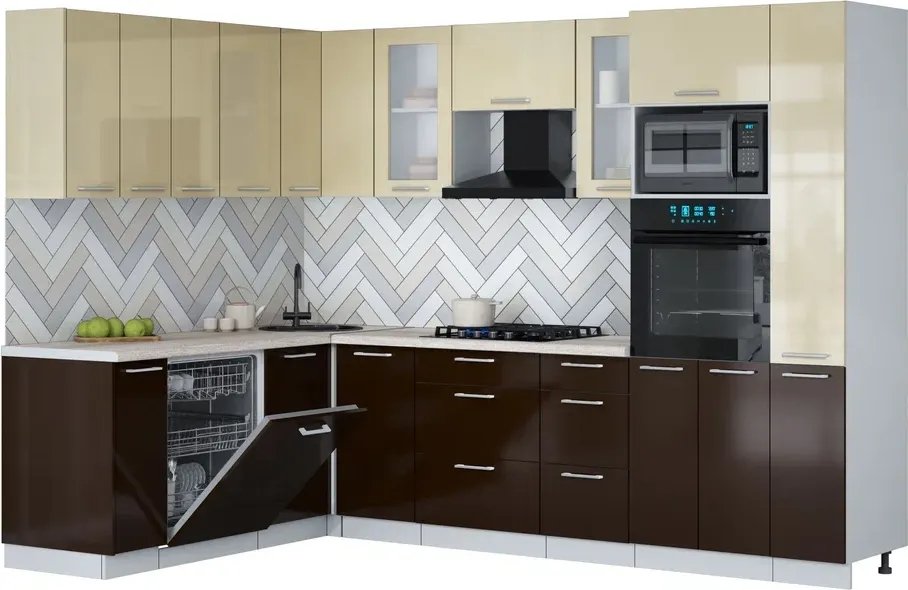 

Готовая кухня Интерлиния Мила Gloss 1.896х2.88 (шоколад глянец/ваниль глянец/травертин серый)