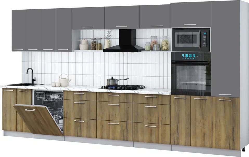 

Готовая кухня Интерлиния Мила Gloss 4.0-ПМ1 (дуб вотан/серый/белый гранит)