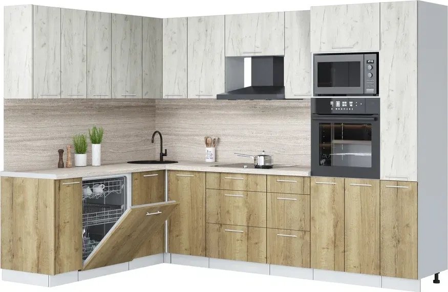 

Готовая кухня Интерлиния Мила Лайт 1.896х2.88 (дуб белый/дуб золотой/травертин серый)