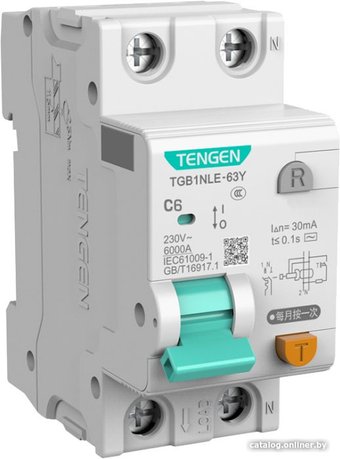 Дифференциальный автомат Tengen TGB1NLE-63Y 1P+N 6A C 6kA 30mA AC 2M TEN312169