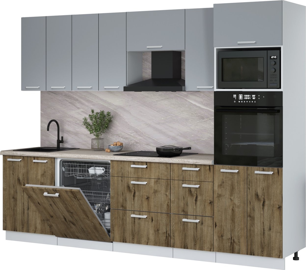 

Готовая кухня Интерлиния Мила Лайт 2.8-ПМ1 (серебро/дуб веллингтон/травертин серый)