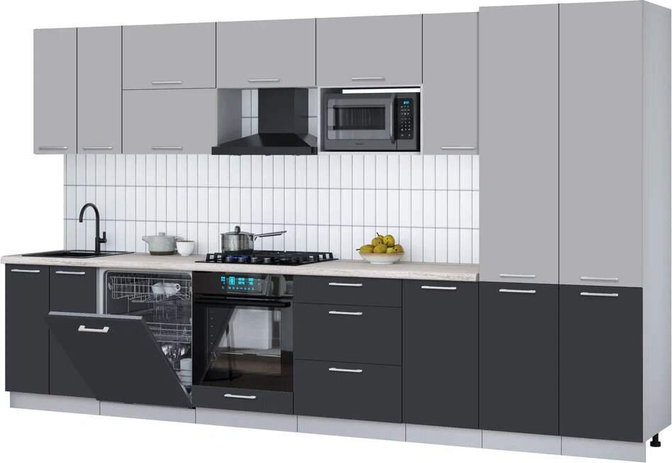 

Готовая кухня Интерлиния Мила Gloss 3.6-ПМ2 (пепел/грей/травертин серый)