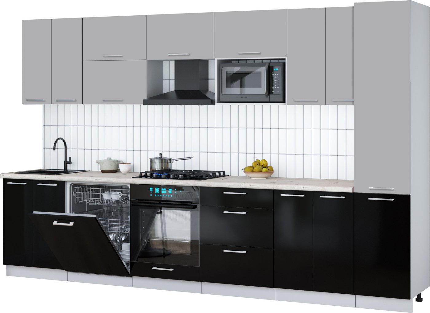 

Готовая кухня Интерлиния Мила Gloss 3.4-ПМ2 (черный глянец/грей/бискайская сосна)