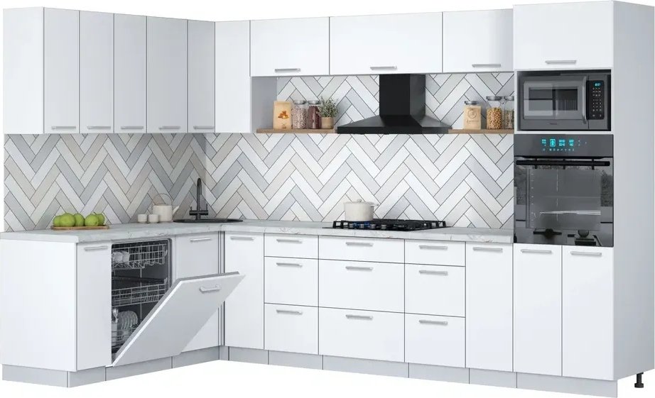 

Готовая кухня Интерлиния Мила Gloss 1.896х3.18 (белый/белый/серый каспий)