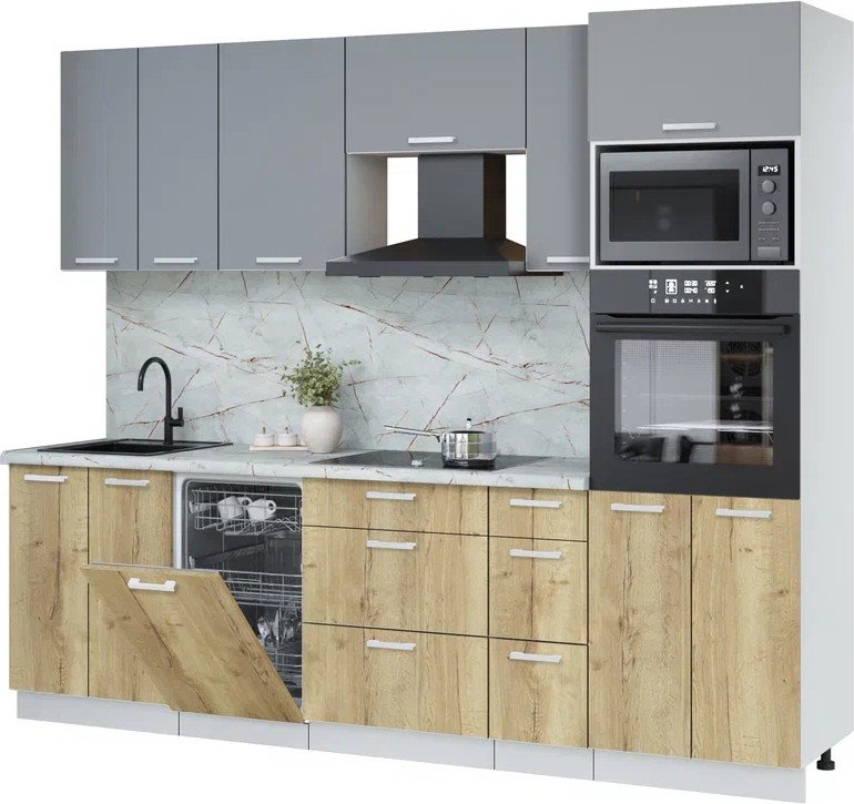 

Готовая кухня Интерлиния Мила Лайт 2.55-ПМ3 (серебро/дуб золотой/серый каспий)