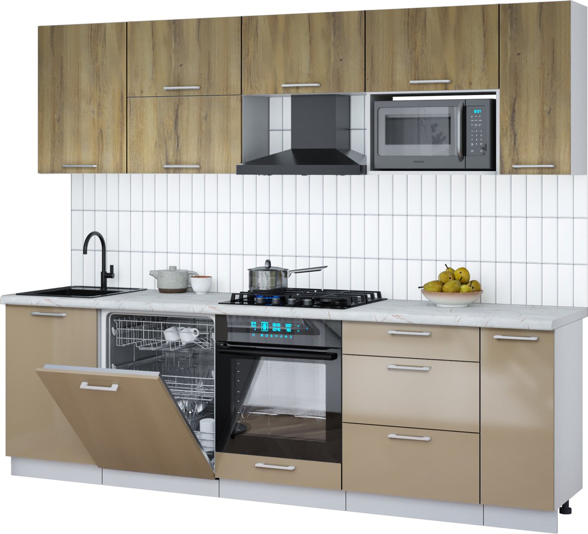 

Готовая кухня Интерлиния Мила Gloss 2.6-ПМ2 (капучино глянец/дуб вотан/серый каспий)