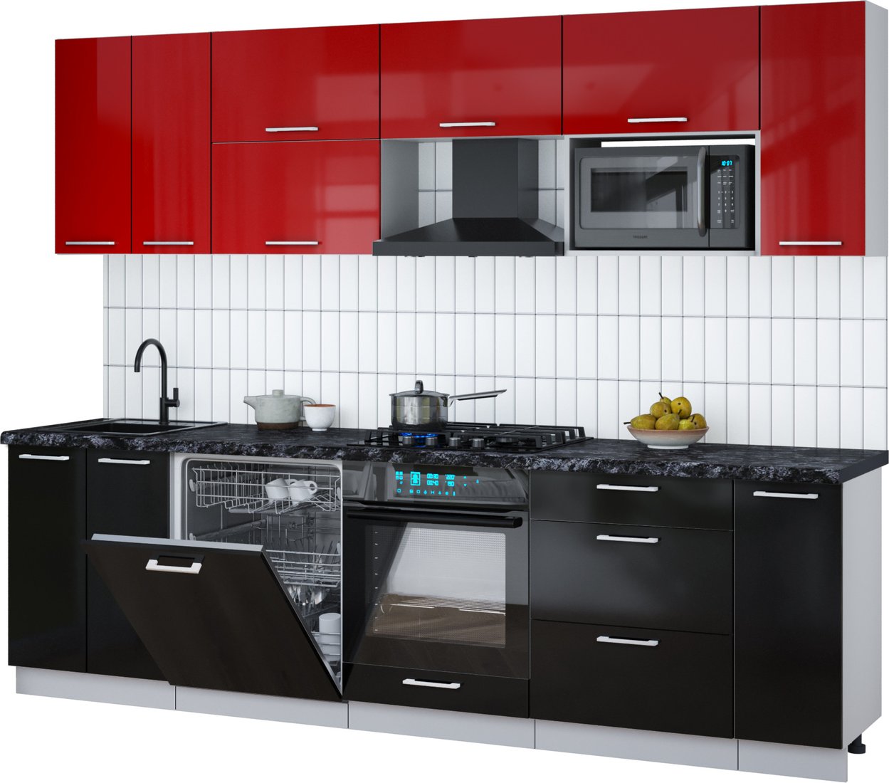 

Готовая кухня Интерлиния Мила Gloss 2.7-ПМ2 (черный глянец/красный глянец/кастилло темный)