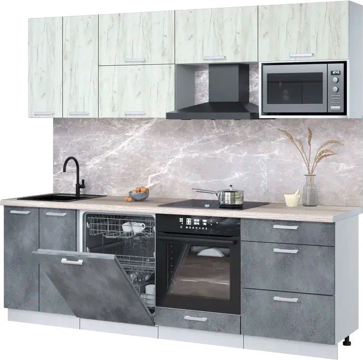 

Готовая кухня Интерлиния Мила Лайт 2.4-ПМ2 (дуб белый/бетон портленд/травертин)