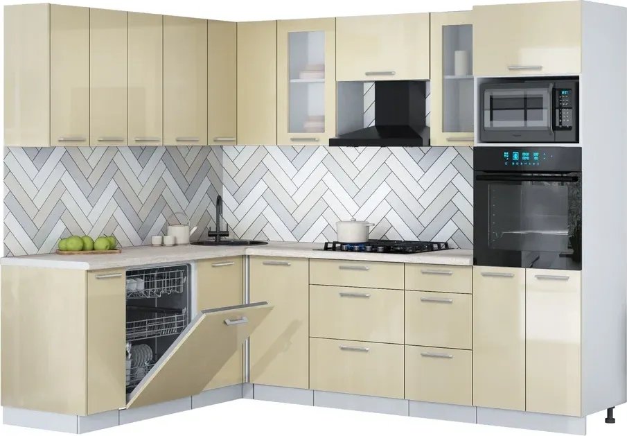 

Готовая кухня Интерлиния Мила Gloss 1.896х2.58 (ваниль глянец/ваниль глянец/травертин серый)