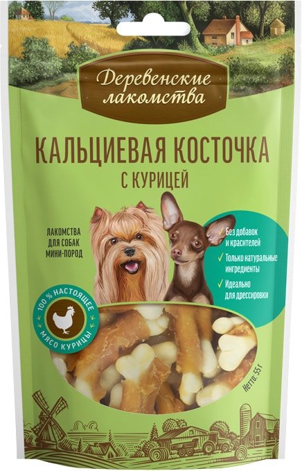 

Лакомство для собак Деревенские лакомства Кальциевая косточка с курицей для мини-пород 55 г