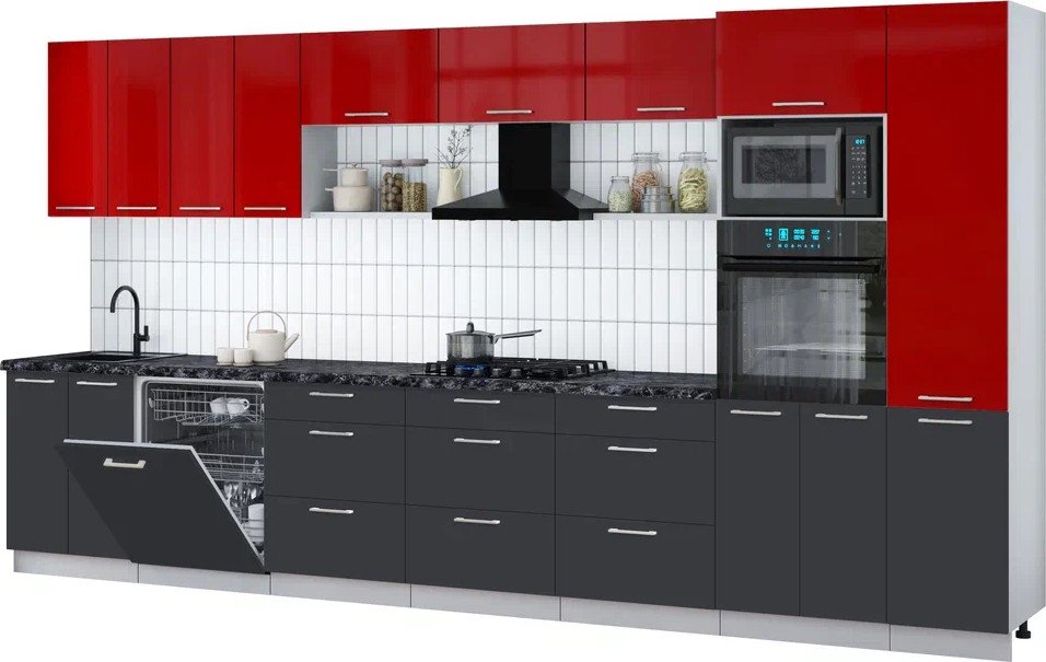 

Готовая кухня Интерлиния Мила Gloss 4.0-ПМ1 (пепел/красный глянец/кастилло темный)