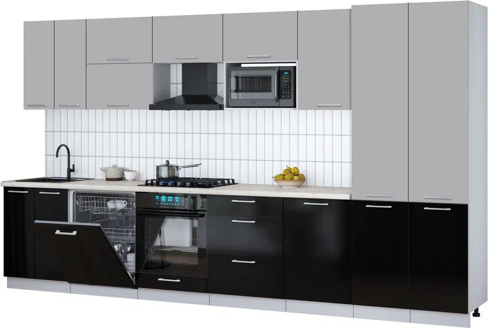 

Готовая кухня Интерлиния Мила Gloss 3.7-ПМ2 (черный глянец/грей/бискайская сосна)