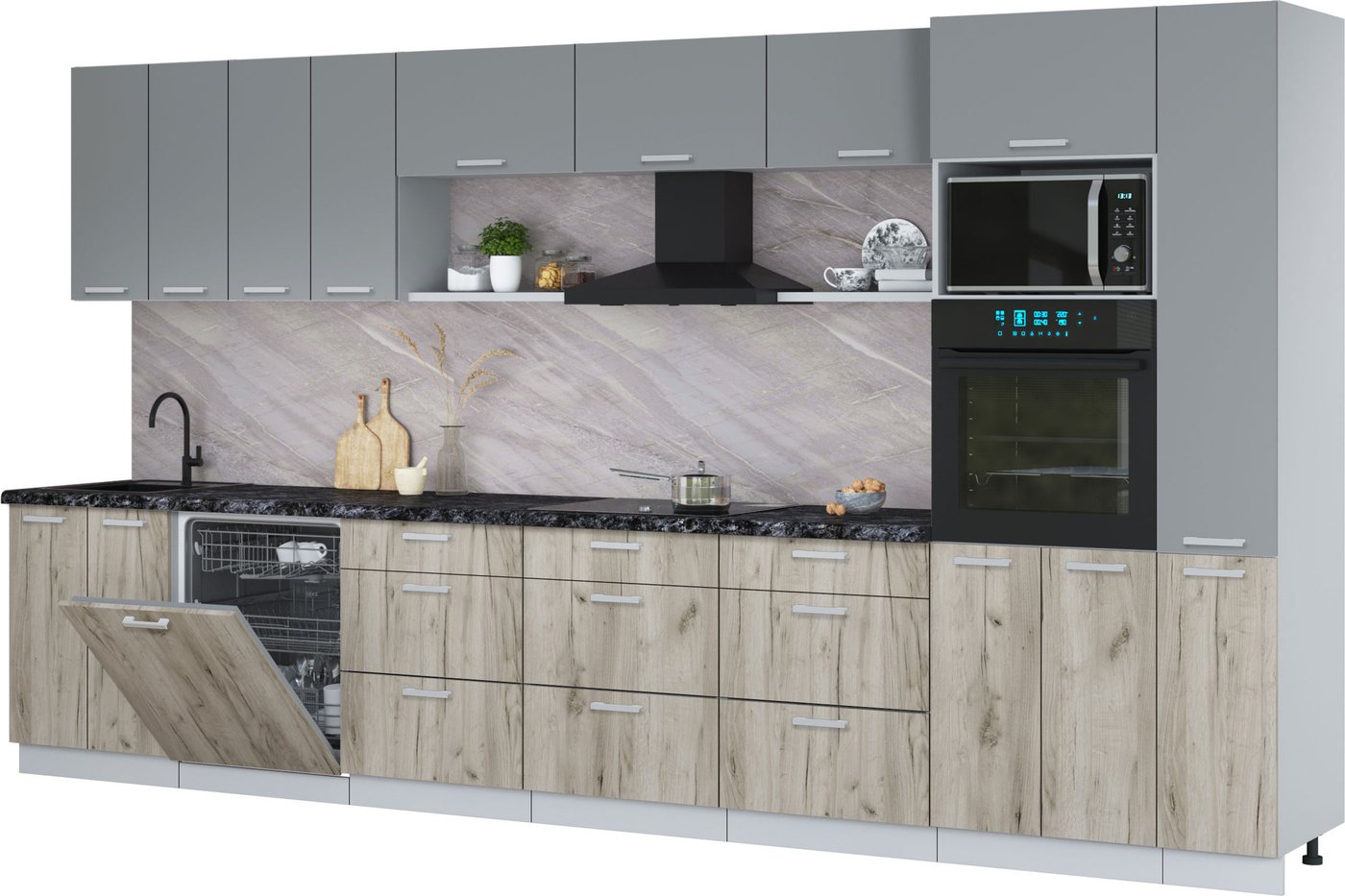 

Готовая кухня Интерлиния Мила Лайт 3.9-ПМ1 (серебро/дуб серый/кастилло темный)