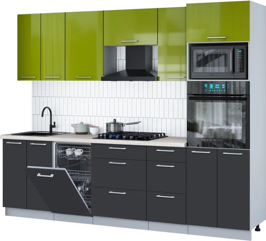 

Готовая кухня Интерлиния Мила Gloss 2.65-ПМ3 (пепел/яблоко глянец/травертин серый)