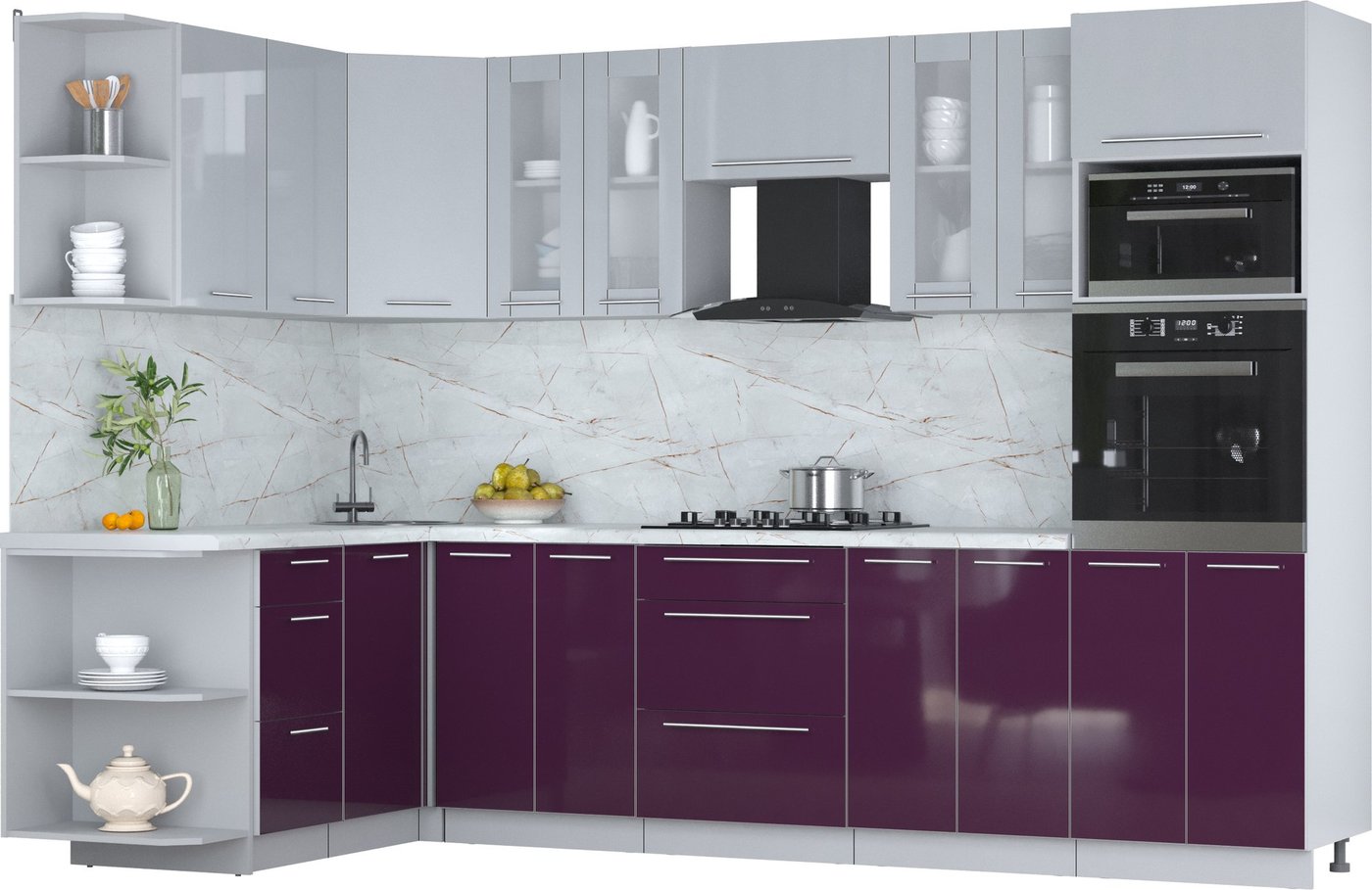 

Готовая кухня Интерлиния Мила Пластик 1.68x3.0 LV (туманный глянец/слива/серый каспий)