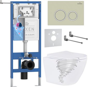 Унитаз подвесной Roxen Antares Tornado Long в комплекте с инсталляцией StounFix Dual Fresh 6 в 1 868429 (кнопка: пастель бежевый матовая)