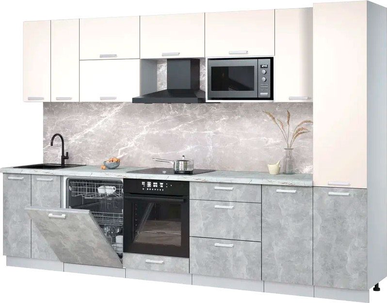 

Готовая кухня Интерлиния Мила Лайт 3.2-ПМ2 (персидский жемчуг/бетон/серый каспий)