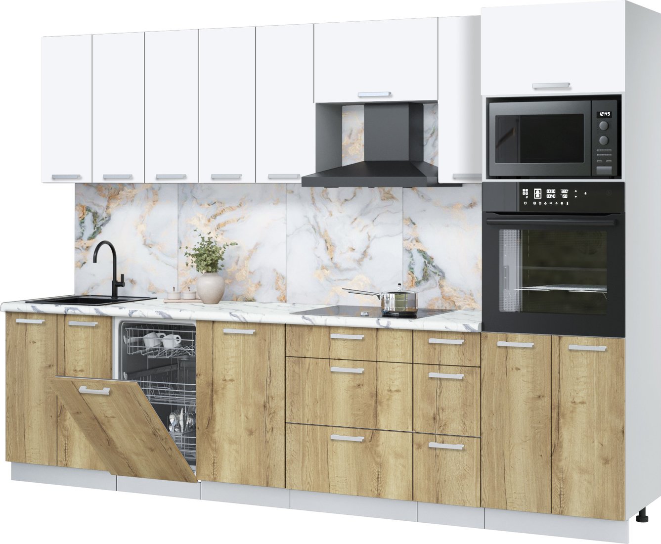 

Готовая кухня Интерлиния Мила Лайт 3.0-ПМ3 (белый платинум/дуб золотой/белый гранит)