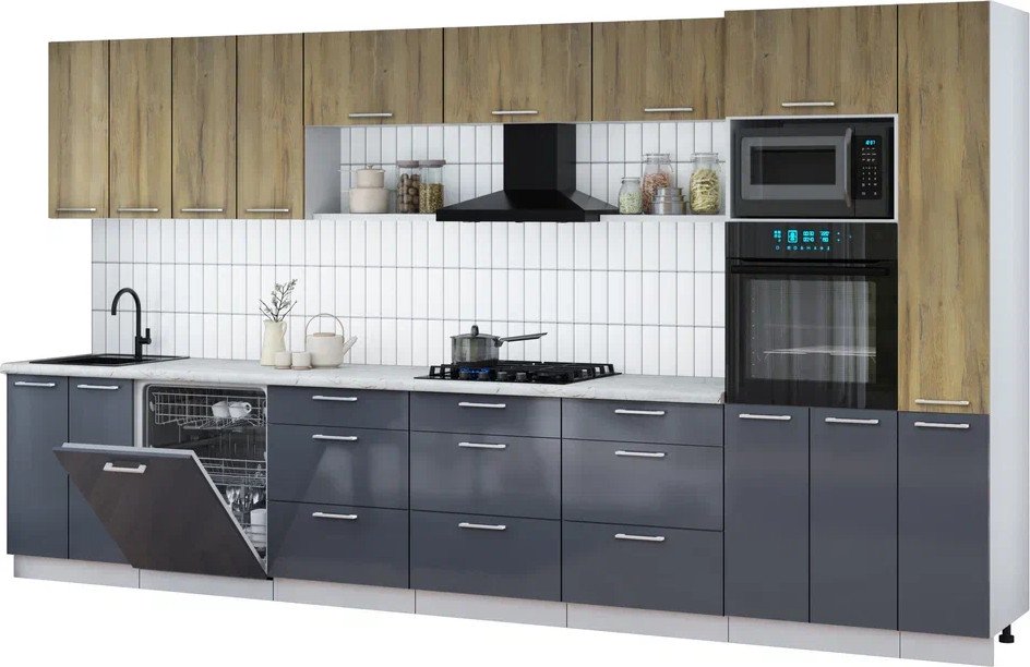 

Готовая кухня Интерлиния Мила Gloss 3.9-ПМ1 (асфальт глянец/дуб вотан/серый каспий)