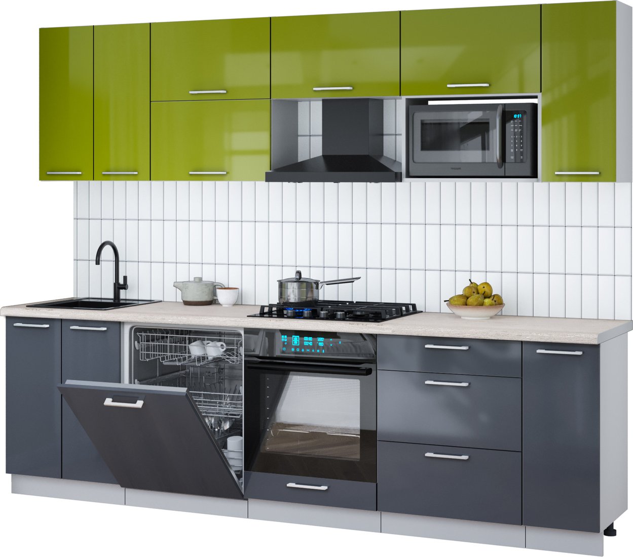 

Готовая кухня Интерлиния Мила Gloss 2.7-ПМ2 (асфальт глянец/яблоко глянец/травертин серый)