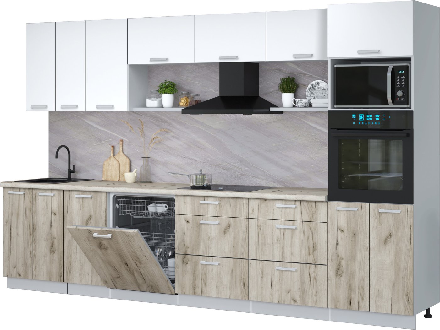 

Готовая кухня Интерлиния Мила Лайт 3.4-ПМ1-2 (белый платинум/дуб серый/белый гранит)