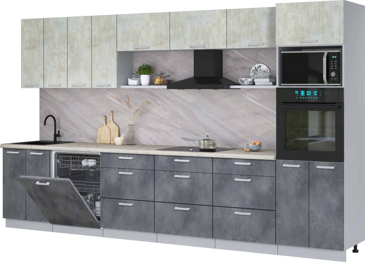 

Готовая кухня Интерлиния Мила Лайт 3.6-ПМ1-2 (бетон лайт/бетон портленд/бискайская сосна)