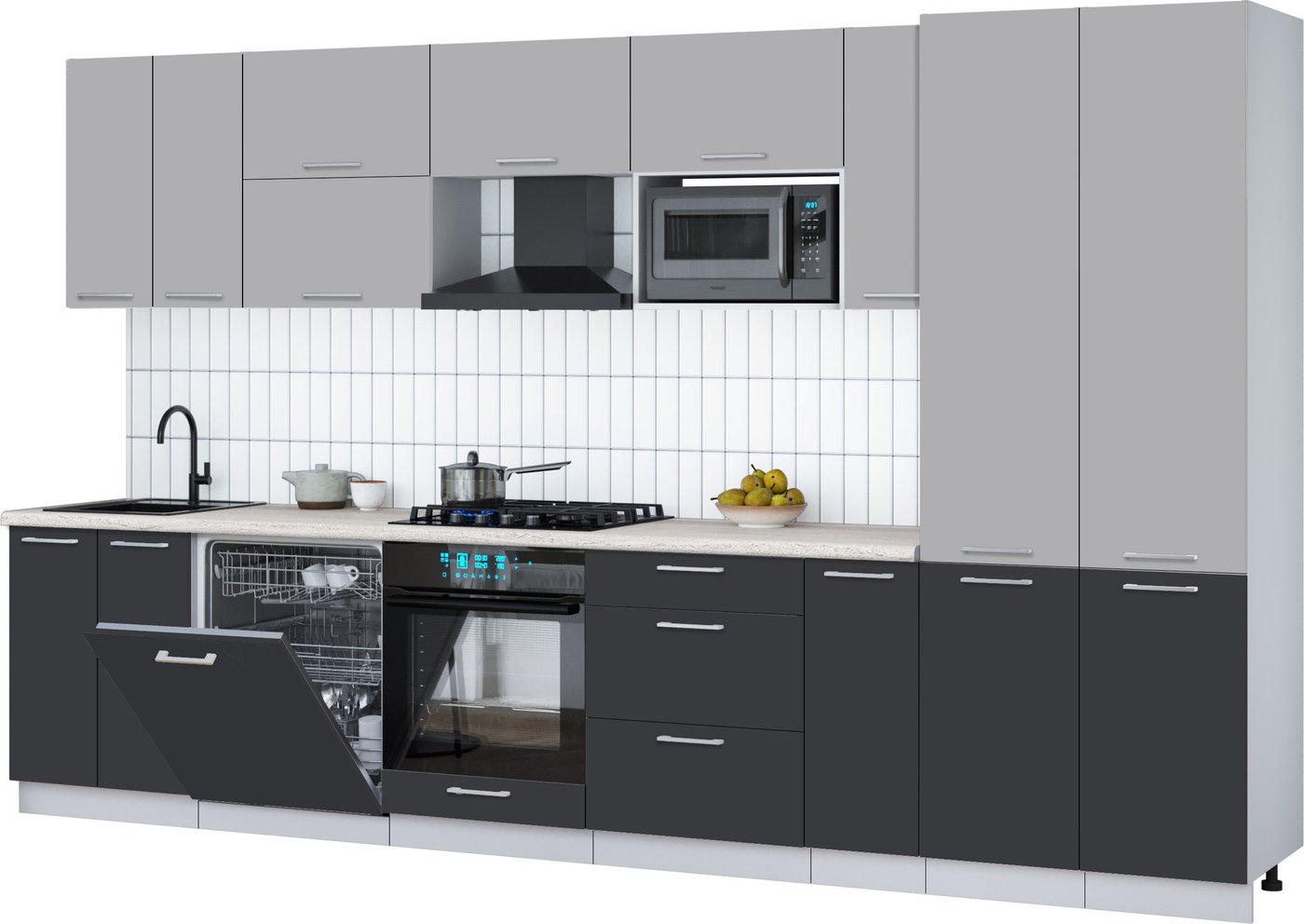 

Готовая кухня Интерлиния Мила Gloss 3.5-ПМ2 (пепел/грей/травертин серый)