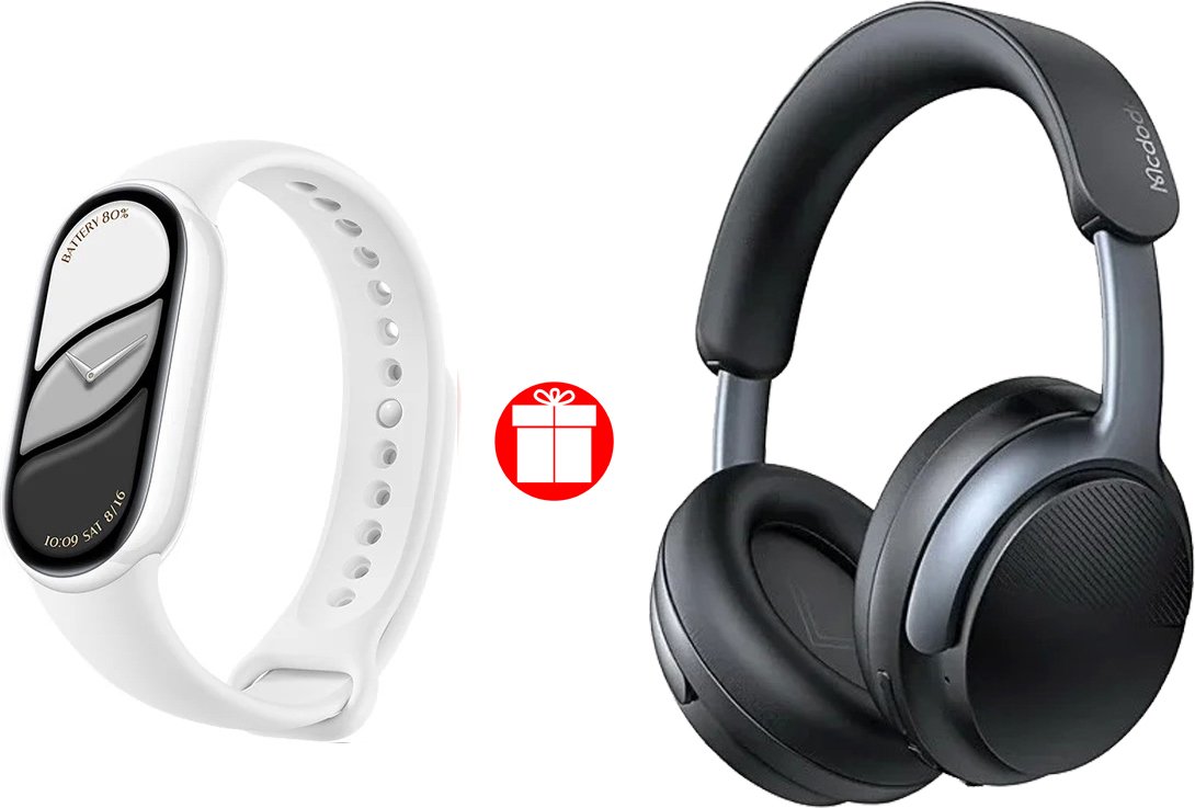 Фитнес браслет Xiaomi Smart Band 10 (белая керамика, с белым силиконовым ремешком, международная версия) + наушники McDodo T02 (черный) по акции