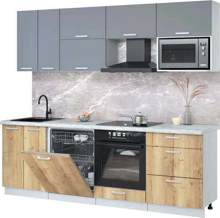 

Готовая кухня Интерлиния Мила Лайт 2.4-ПМ2 (серебро/дуб золотой/серый каспий)