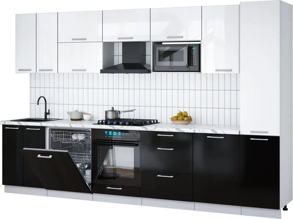 

Готовая кухня Интерлиния Мила Gloss 3.3-ПМ2 (черный глянец/белый глянец/белый гранит)