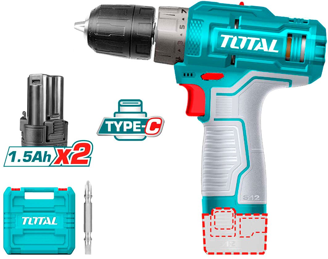 

Дрель-шуруповерт Total TDLI12202 (с 2-мя АКБ, кейс, без ЗУ)