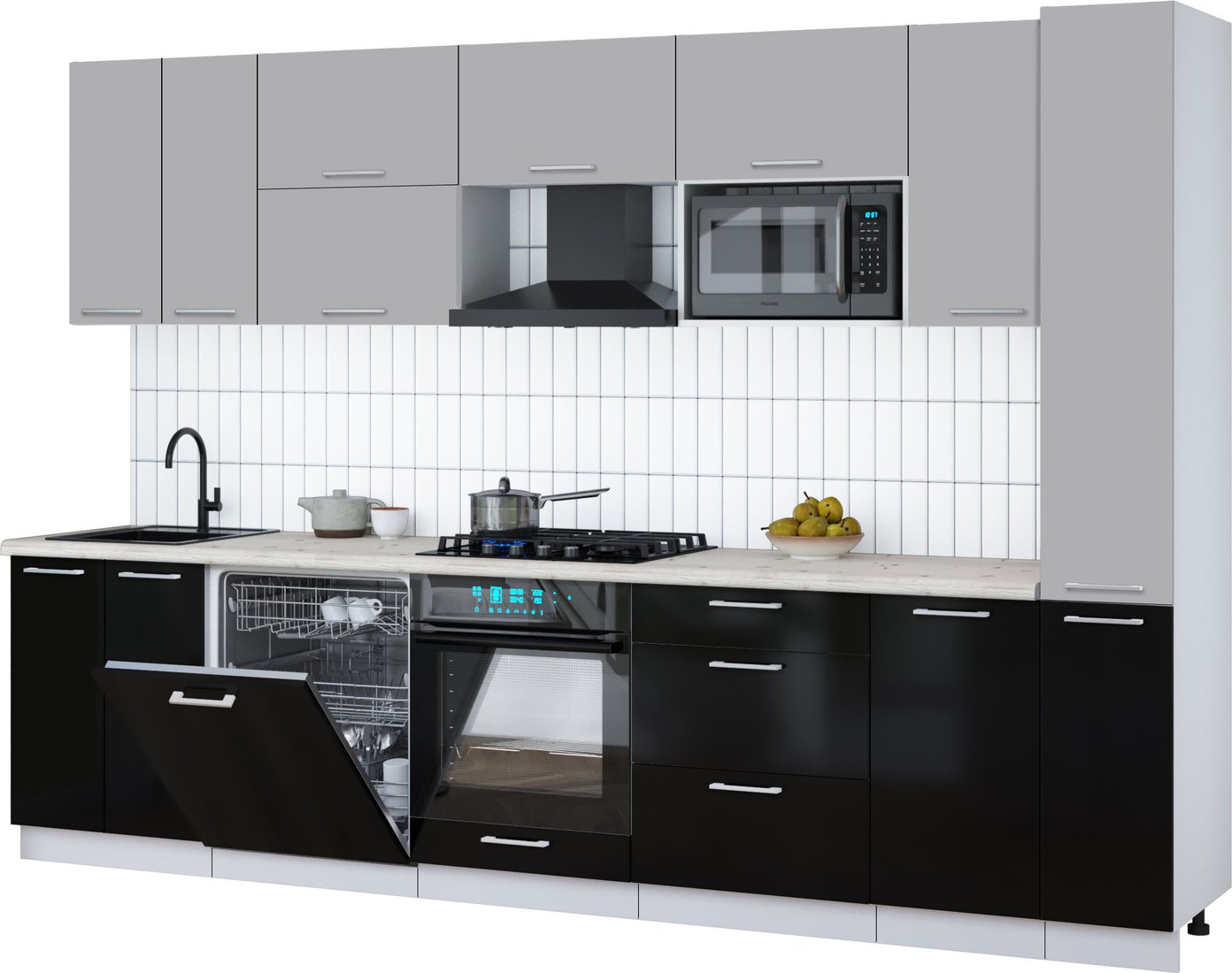 

Готовая кухня Интерлиния Мила Gloss 3.1-ПМ2 (черный глянец/грей/бискайская сосна)