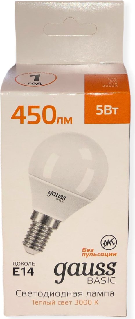 

Светодиодная лампочка Gauss Elementary Basic E14 5W 3000K G45 10501152